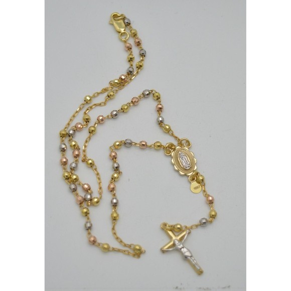 10k Solid Yellow Gold Colored Beads Rosary Virgin Mary Jesus Cross Necklace 17" - Picture 3 of 5